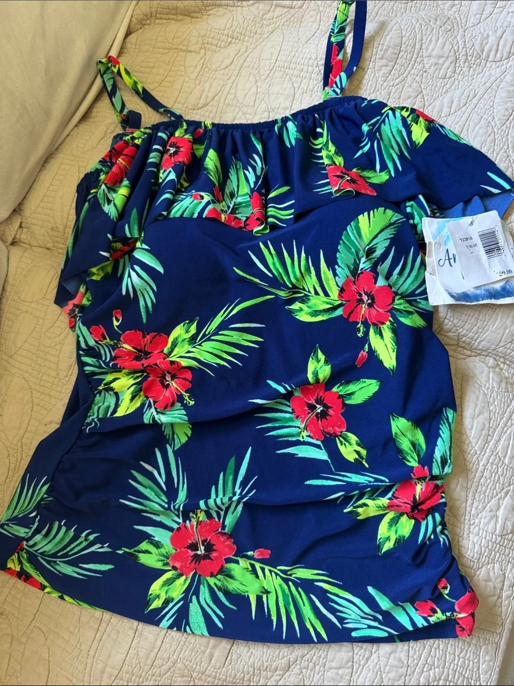 Navy Tropical Floral Ruffle bathing suit Tank Top